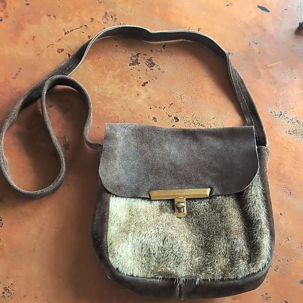 60's Vintage Suede Hair On Hide Brass Turn Lock Crossbody Bag